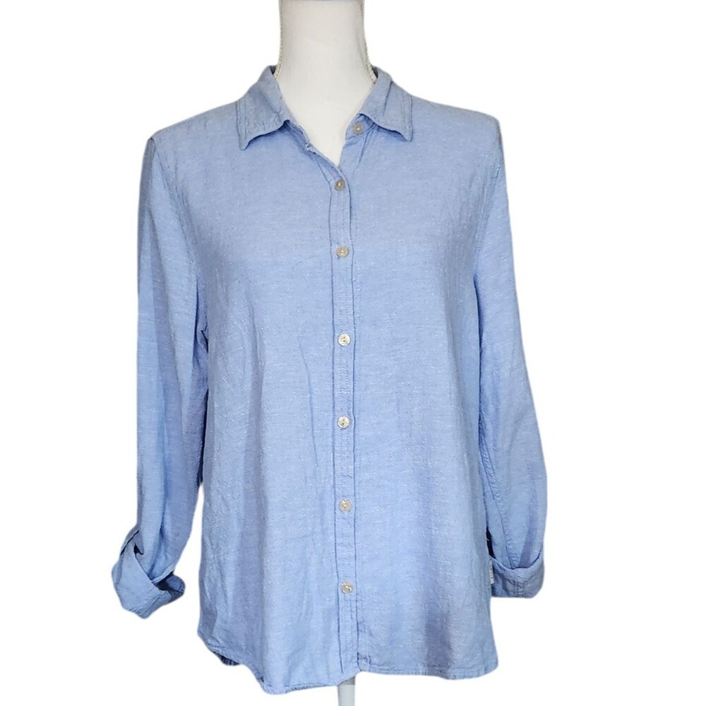 Orvis Button Front Shirt Lt. Blue Linen Blend Roll Tab Sleeve Womens Medium